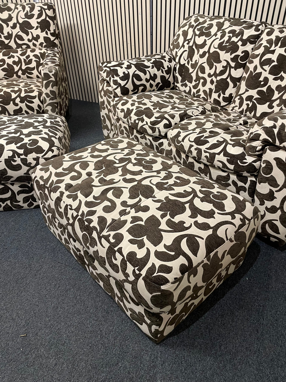 2 seater brown and cream floral fabric sofa (Width 160 cm) with matching armchair and ottomons 4225