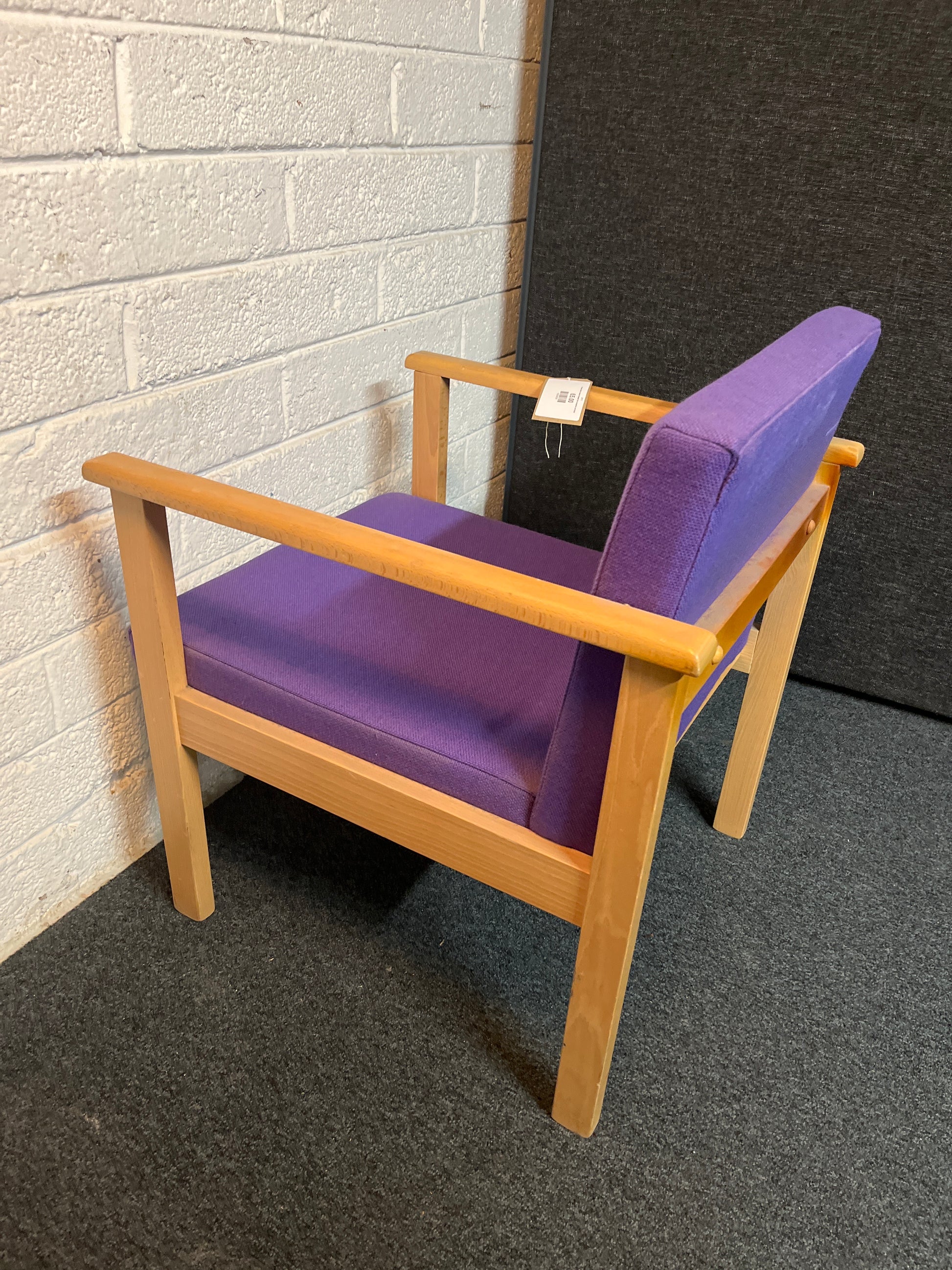 Purple fabric beech framed low reception armchair