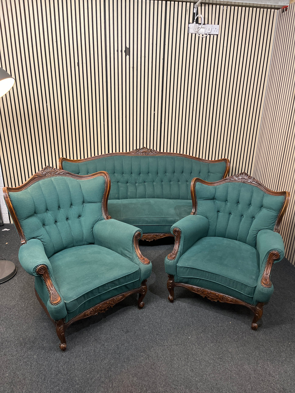 3+1+1 ornate mahogany framed wing back suite in dark green button back fabric 3126