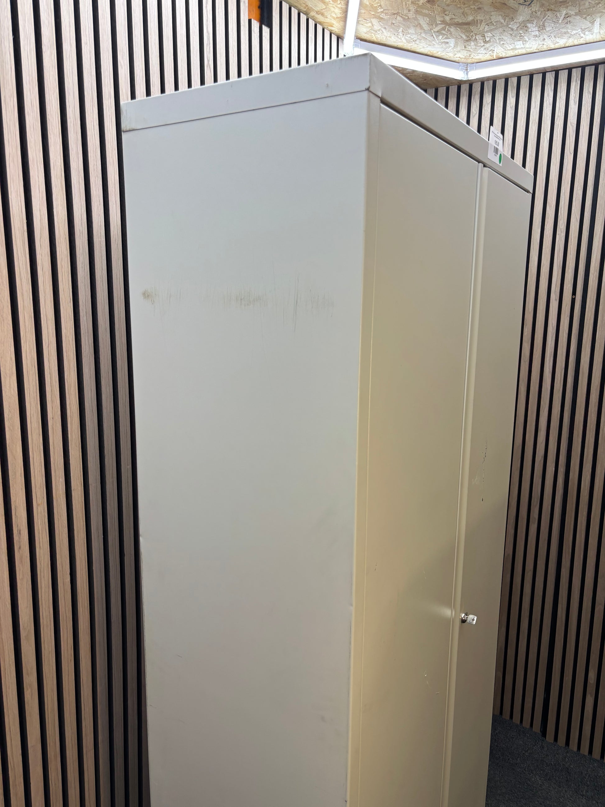 Tall 2 door grey metal storage uniit with key and internal shelves 910Wx40Dx195H J3937