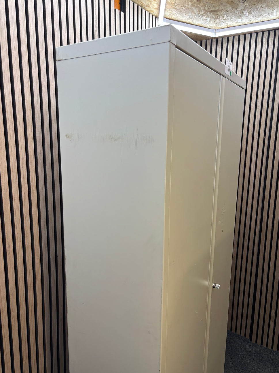 Tall 2 door grey metal storage uniit with key and internal shelves 910Wx40Dx195H J3937