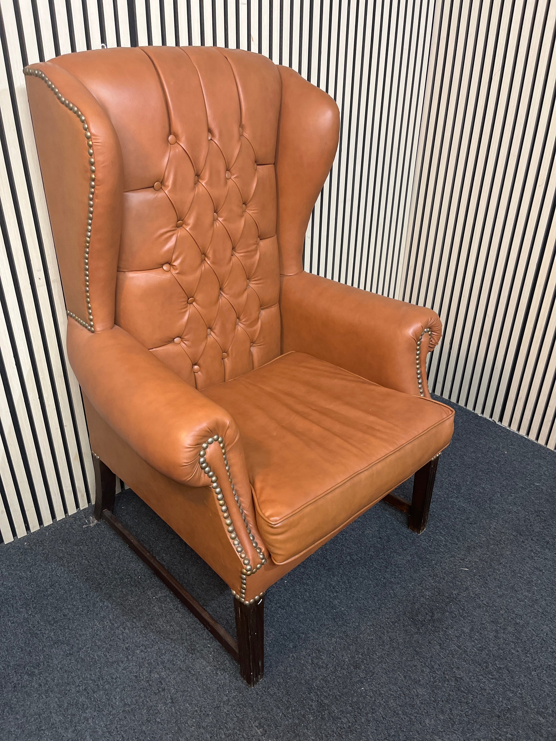 High back wing armchairs in tan leather with solid wood frame 43713