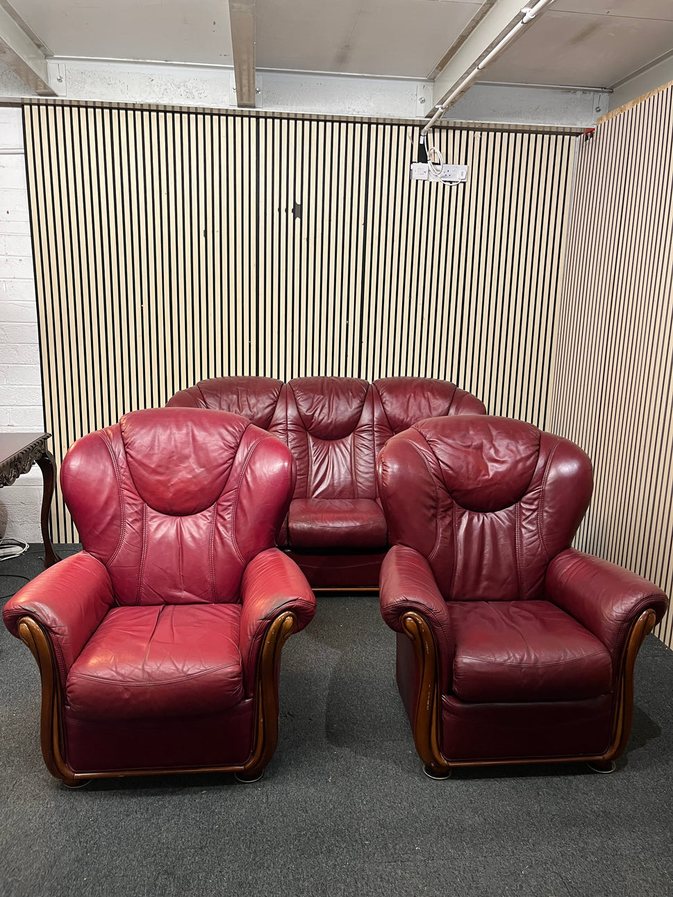 3+1+1 Wine leather Dutch Oak framed high back sofa suite 3126