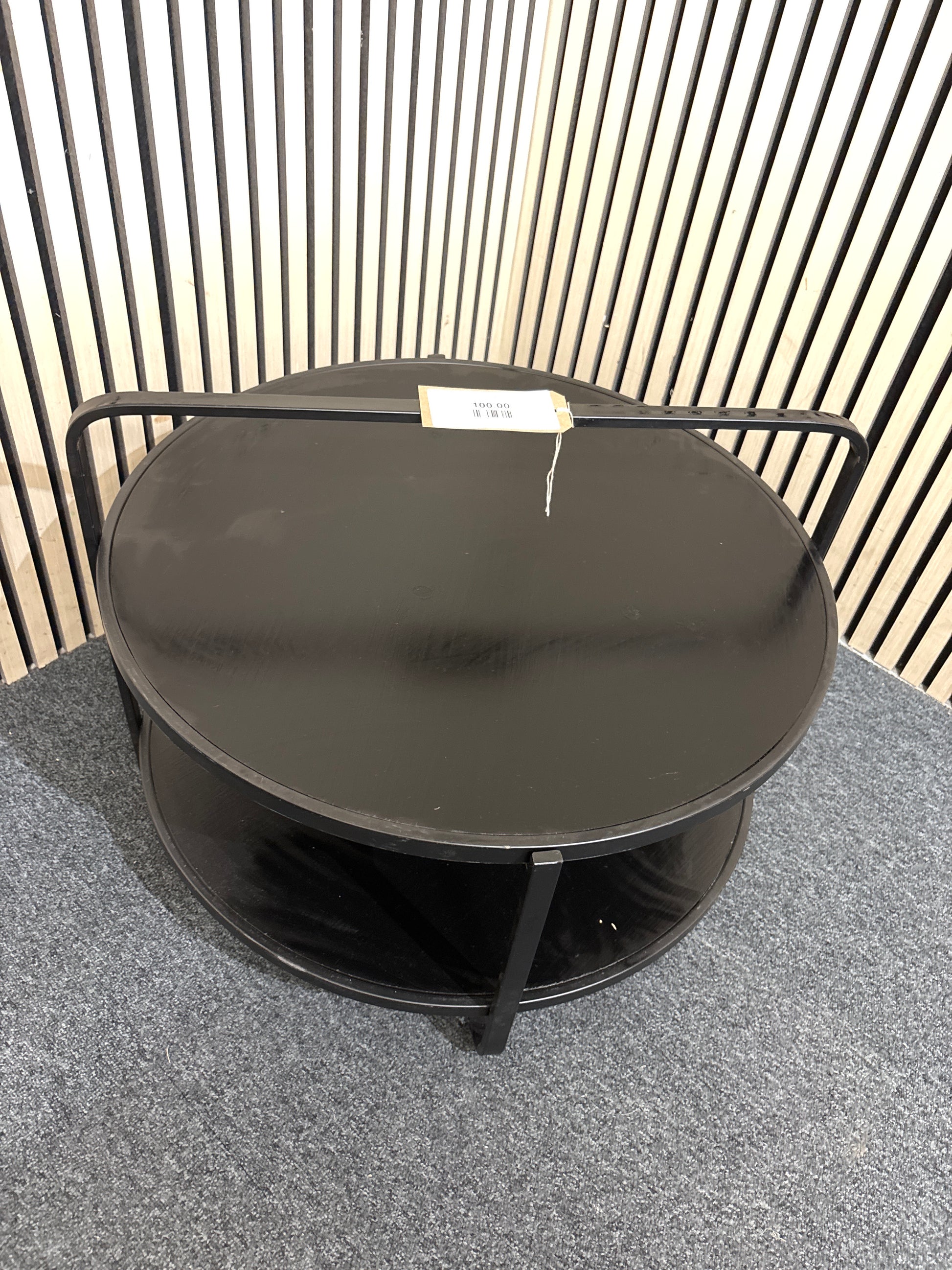 Ornate circular tiered lamp table black metal and black stained wood 650W 43532