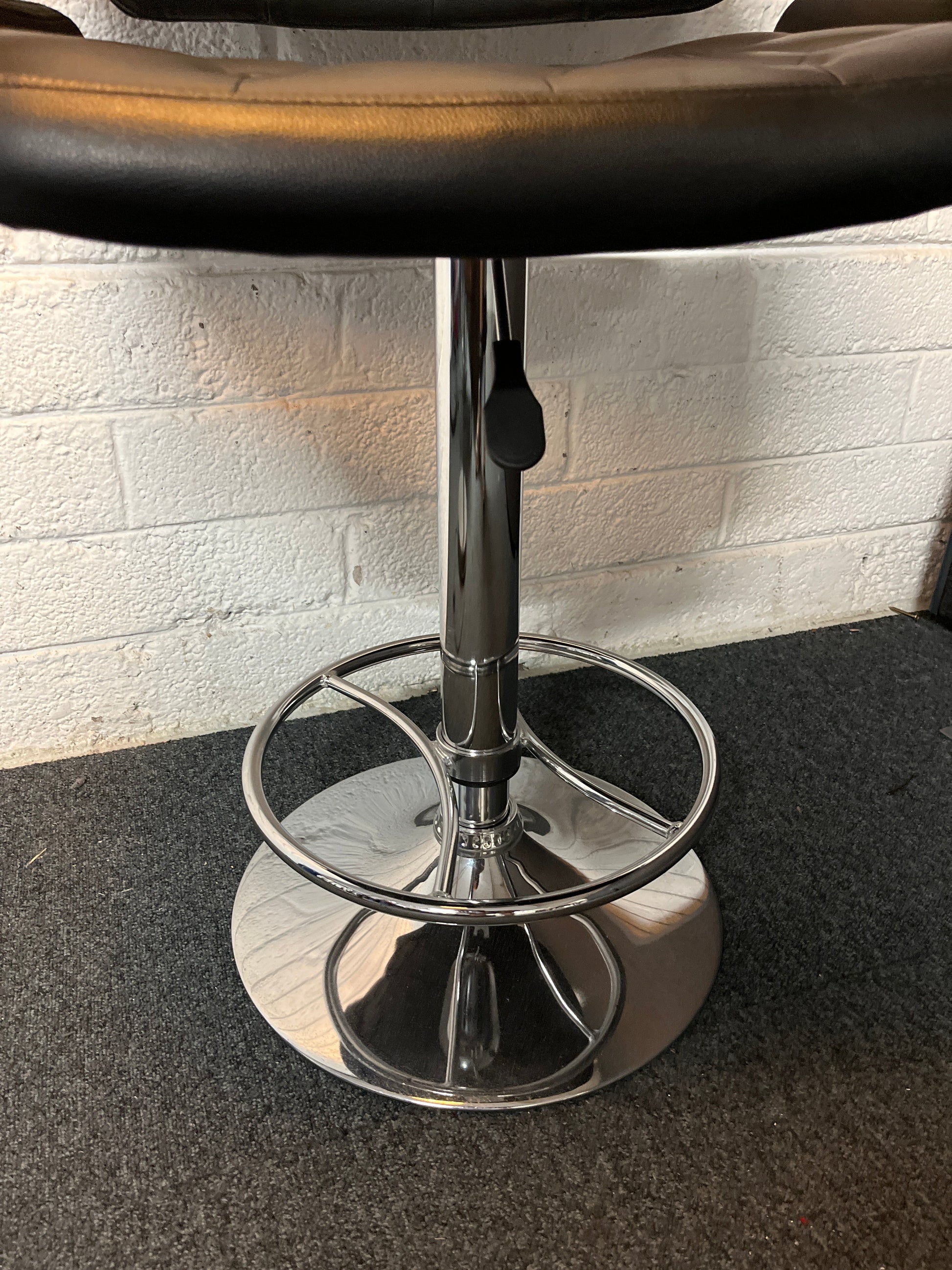 Tall black pu leatherette button back swivel bar stool, chrome frame, height adjustable