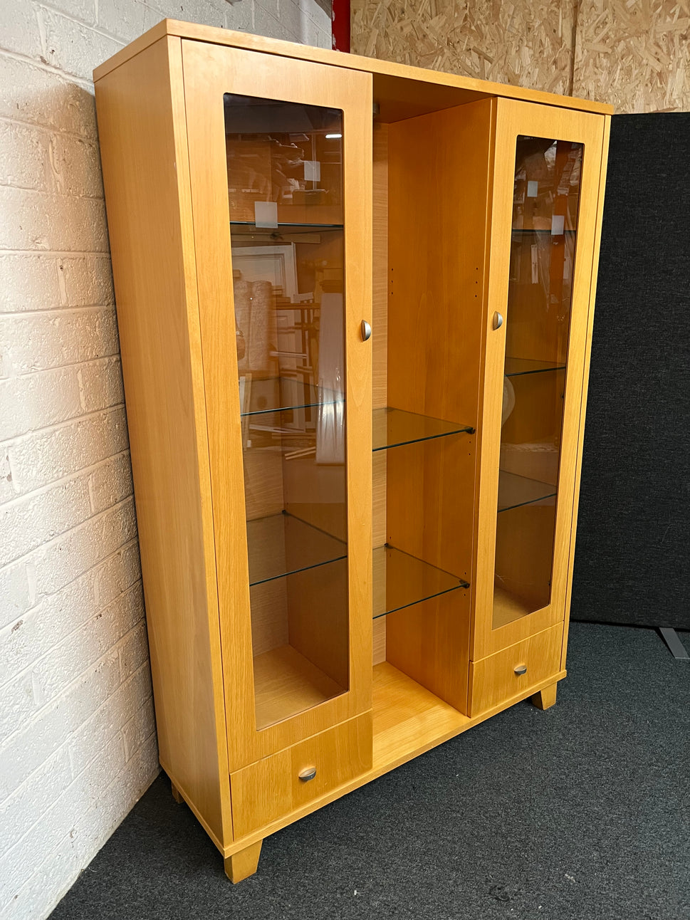 Tall beech 2 glass door 2 drawer display unit with lights (H 176 x W 120 x D 40 cm) 2225