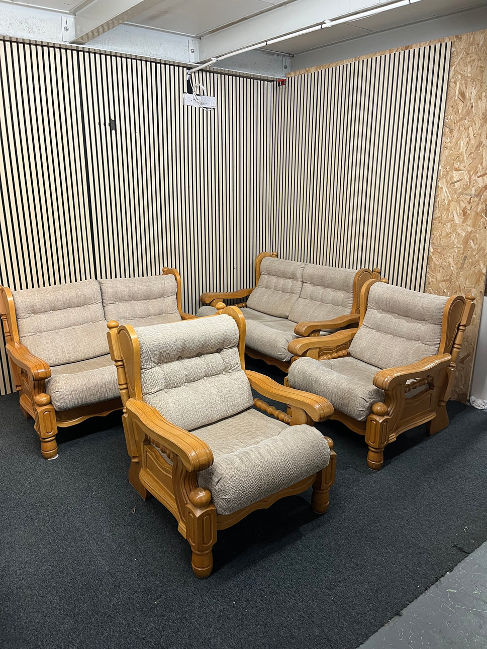 Solid Dutch Oak 2+2+1+1 sofa suite with light brown fabric cushions (imported from South Africa)