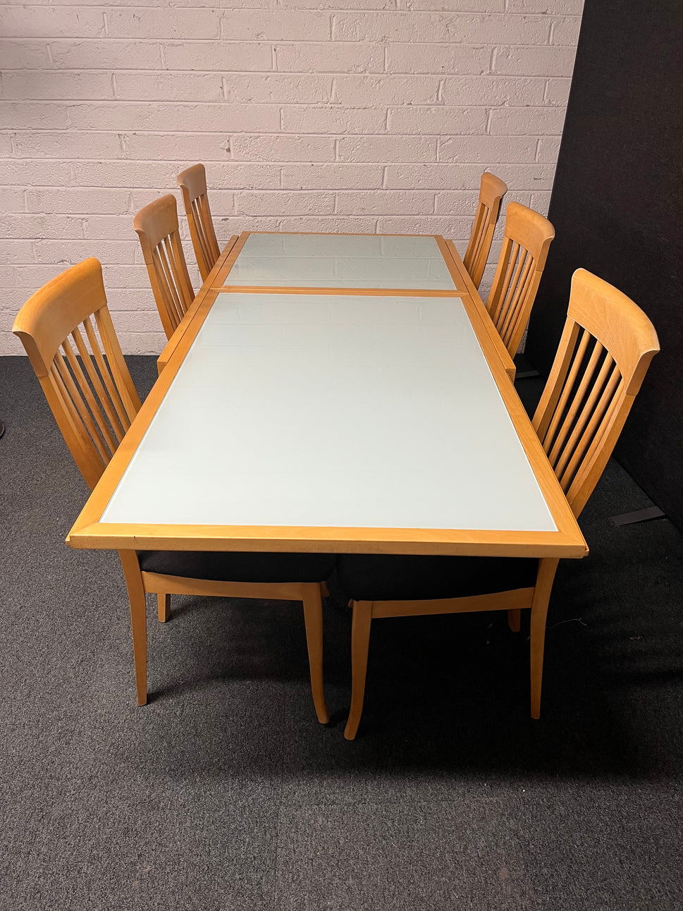 Solid beech and frosted glass extendable dining table with 6 no. matching beech chairs with black seat fabric (L 210 - 130 x W 70) 2225