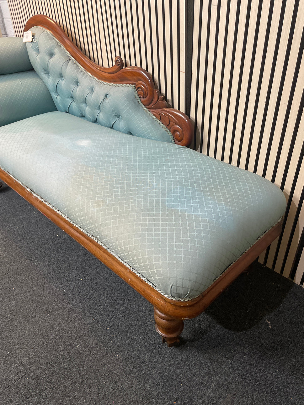 Ornate solid dark wood stained chaise lounge in green pastel fabric, ideal for upholstery 2425