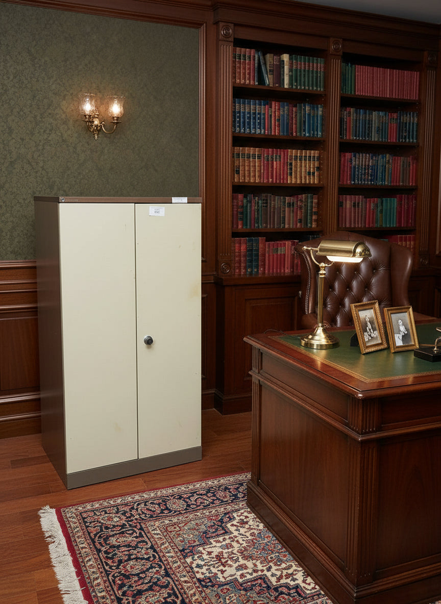 Tall 6x3 steel storage unit with 3 no. adjustable internal shelves in coffee cream metal.