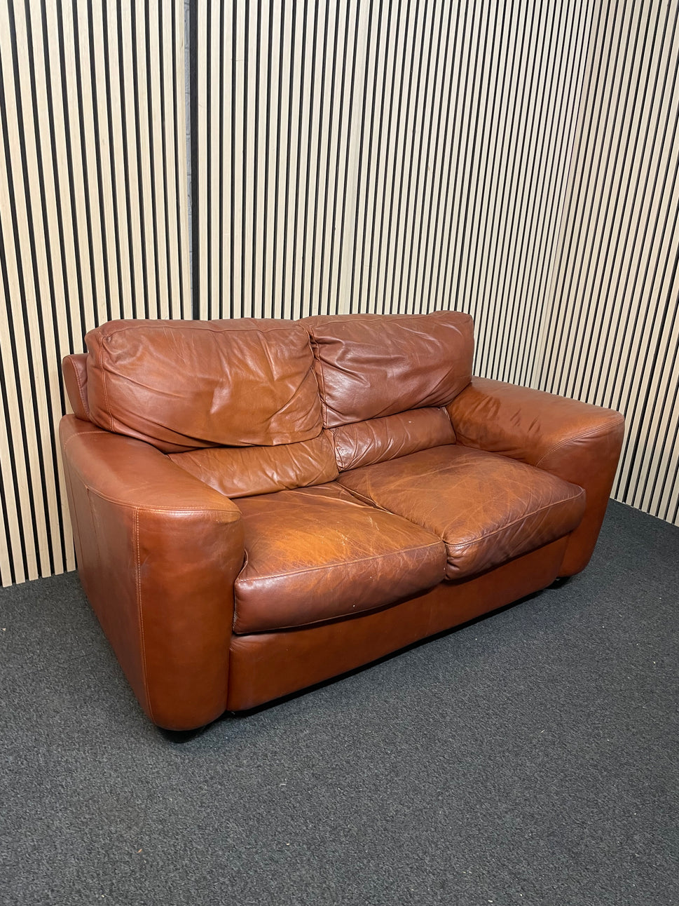 2 seater real tan leather sofa (165cm wide) 2425