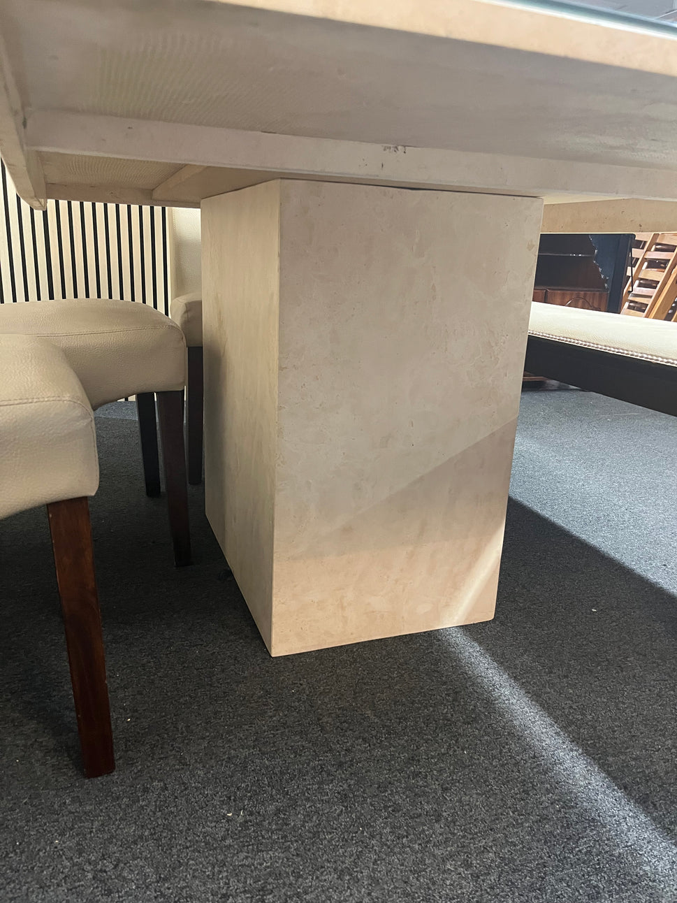 Cream Marble effect rectangular dining table(L 170 x W 100 cm with 4 no. high back cream leather dining chairs and a cream leather wooden framed long bench 2325