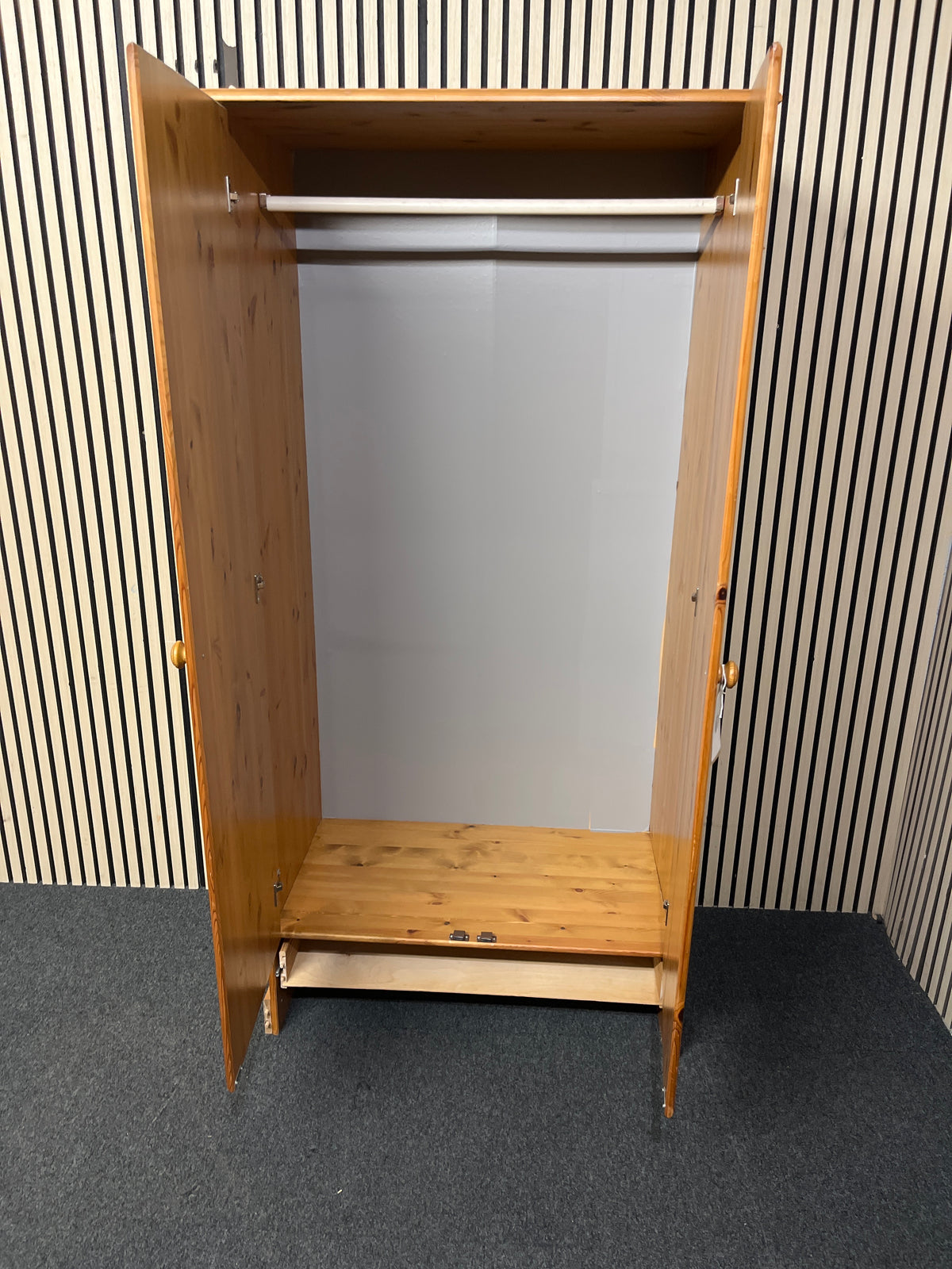 Tall natural pine 2 door wardrobe - no base drawer front (H 183 x W 86 x D 51 cm) 44377