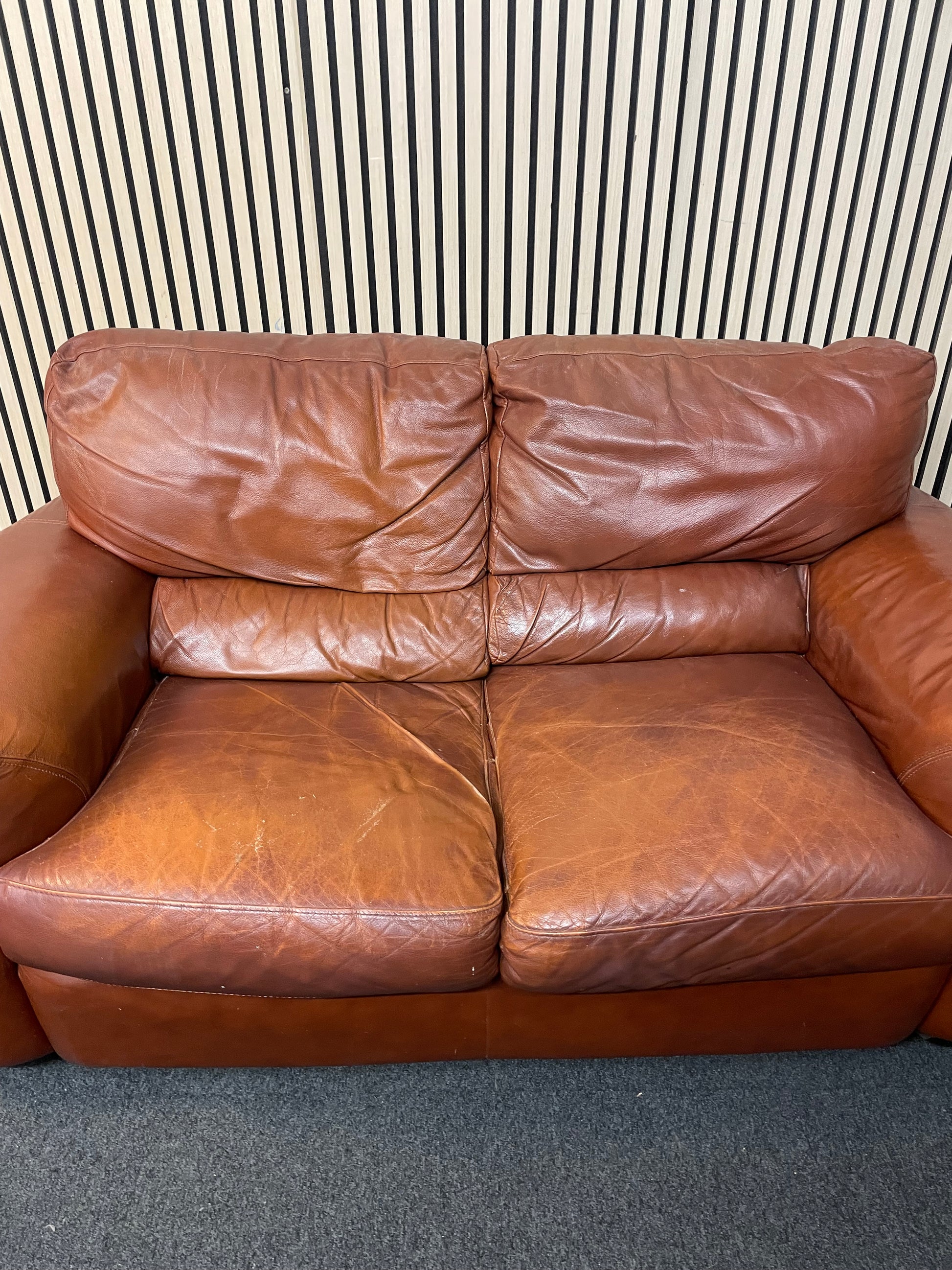 2 seater real tan leather sofa (165cm wide) 2425