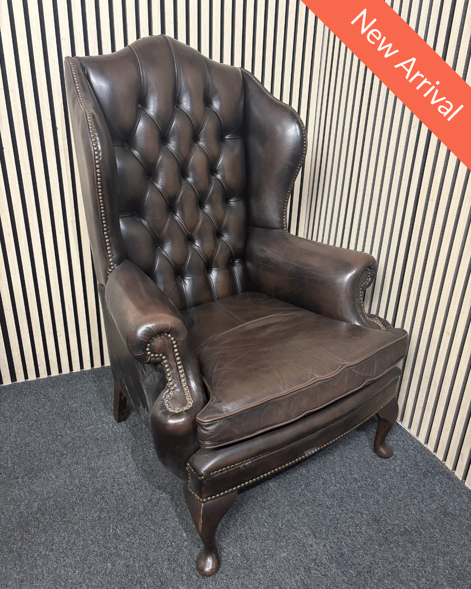 High wing back dark brown leather chesterfield armchair 43508