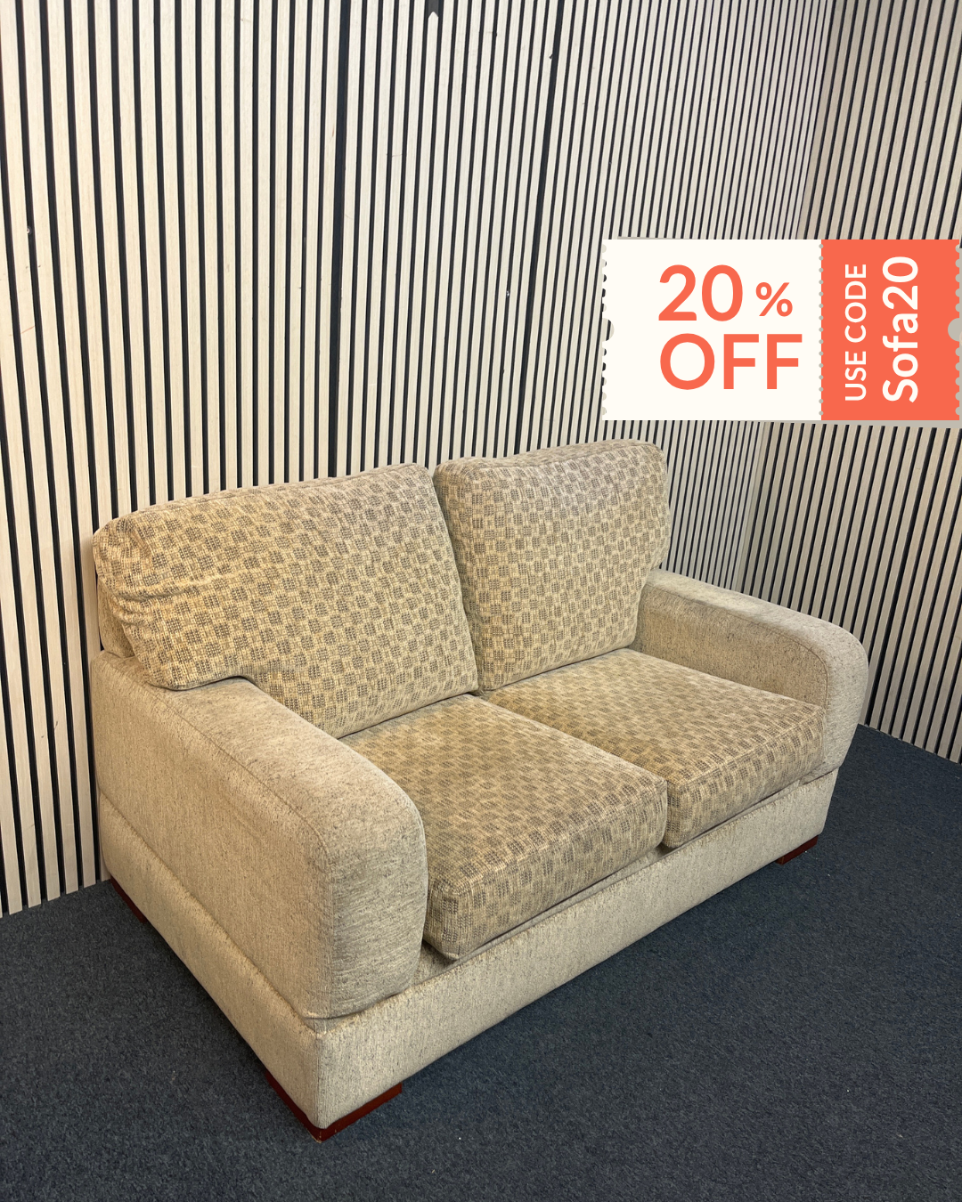 2 seater light brown fabric high back sofa 1226