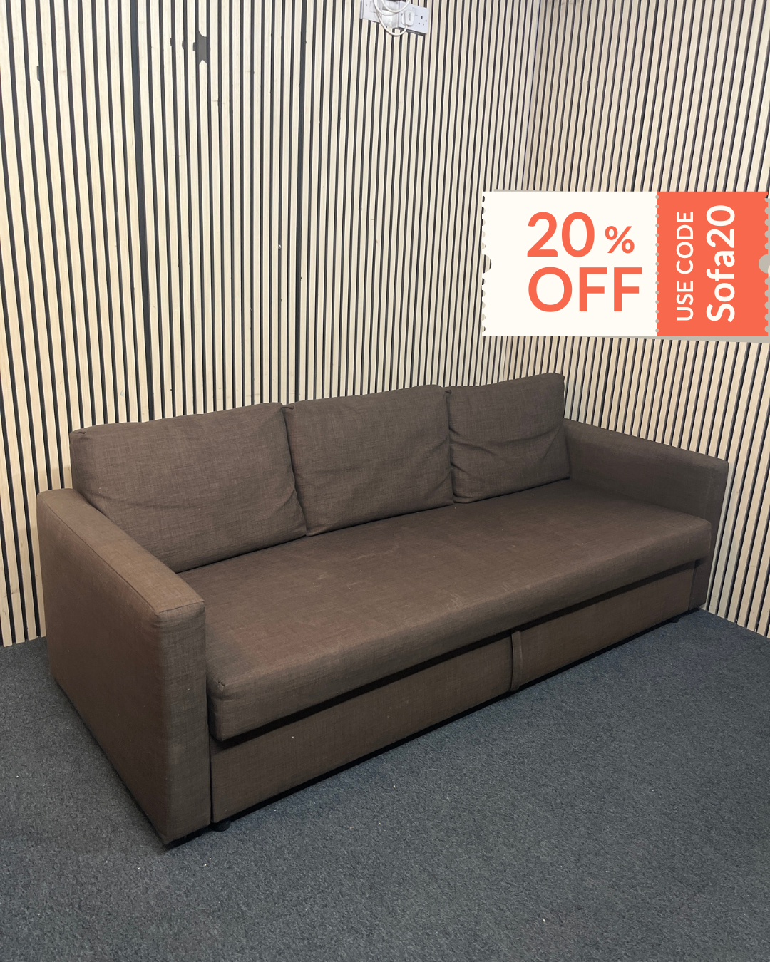 Large 3 seater Ikea brown fabric sofa bed (Width 230 cm) 43340