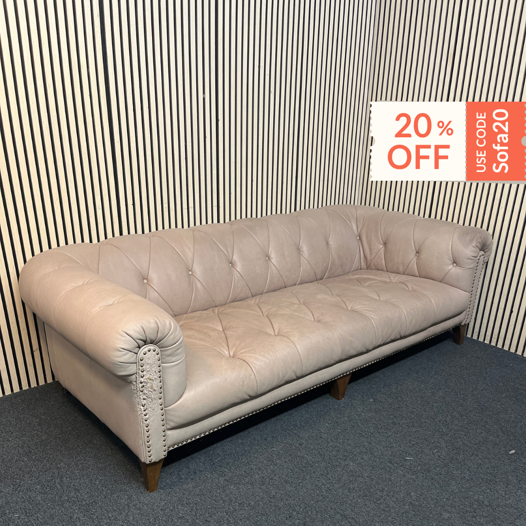 3 seater dark cream leather chesterfield sofa - button back, scratches to the side of the sofa, damaged springs 43739