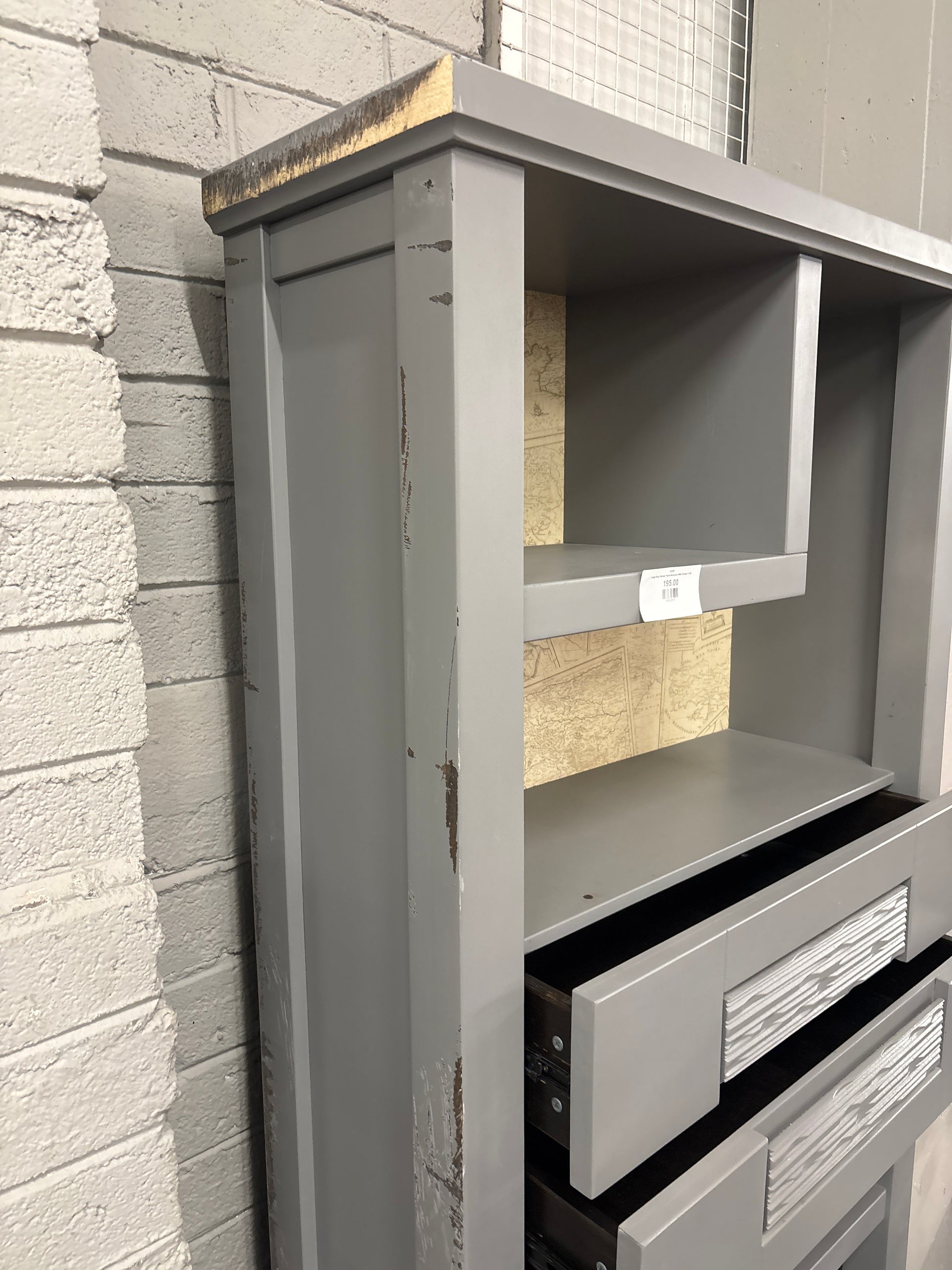 Large Grey Painted Tiered Bookcase With Drawers 3126
