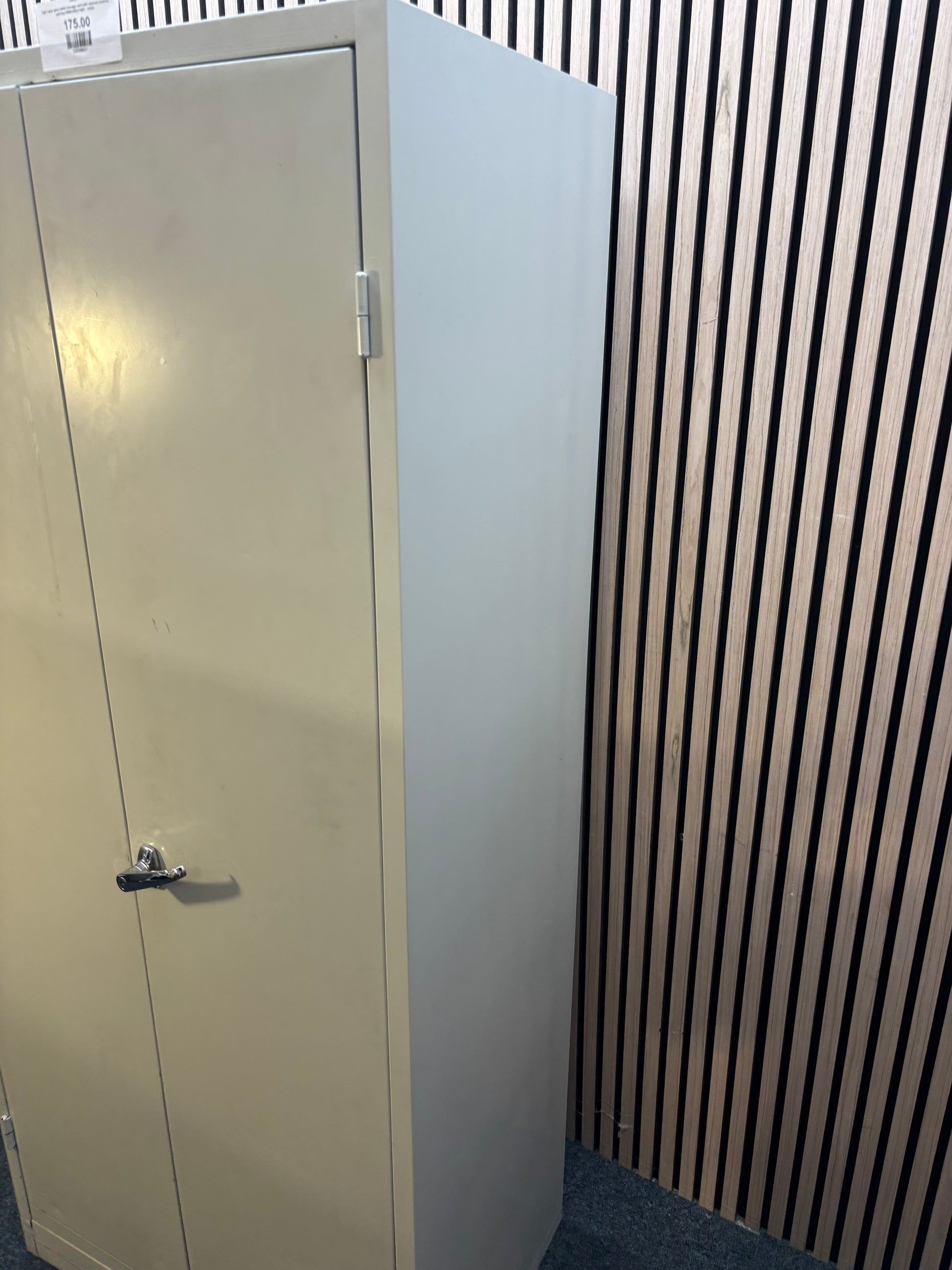 Tall 2 door grey metal storage unit with internal shelves and key 80Wx50Dx180H J3938