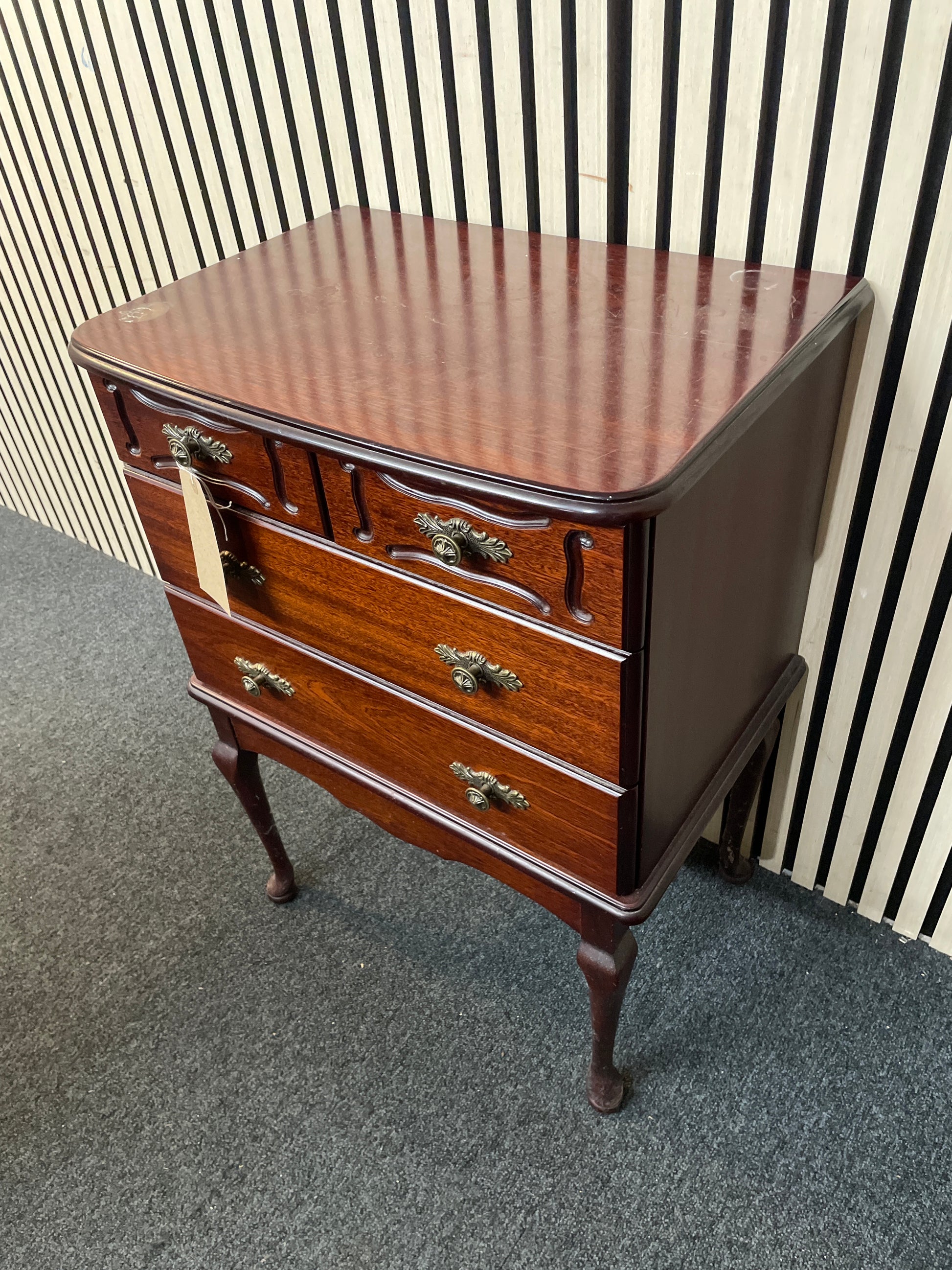 Ornate curved front 2 door 2 drawer chest on stem legs 2425