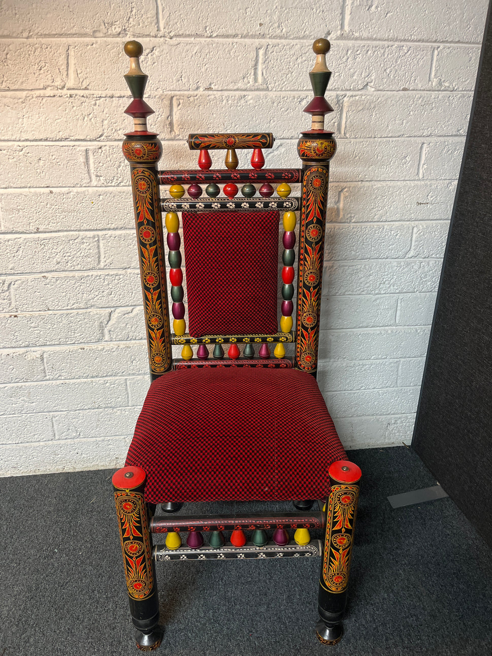 Ornate Chinese style solid wood black painted dining chair with painted detail and red and black pattern fabric seat and back. Qty of 50 no. in stock. Open to offers 2225