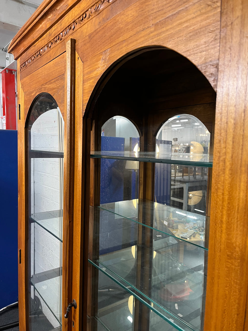 Solid dark wood carved details large 2 glass door 2 drawer display unit, glass missing from 1 door (H 200 x W 122 x D 45 cm) 1325