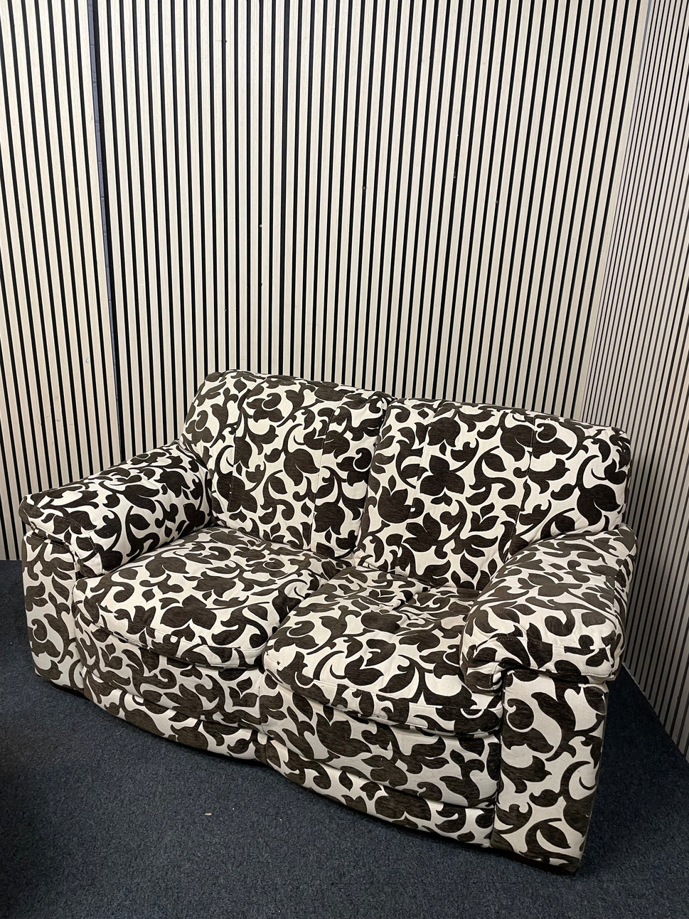 2 seater brown and cream floral fabric sofa (Width 160 cm) with matching armchair and ottomons 4225