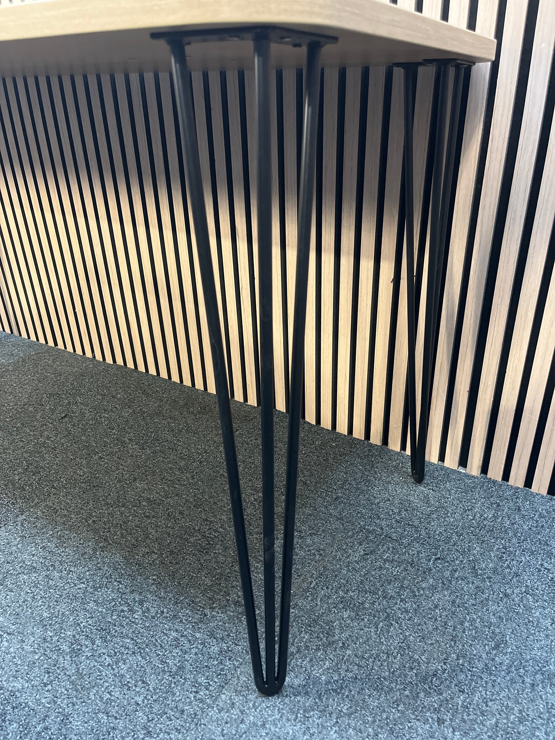 1400 x 600 American oak desk with black metal bobby pin legs