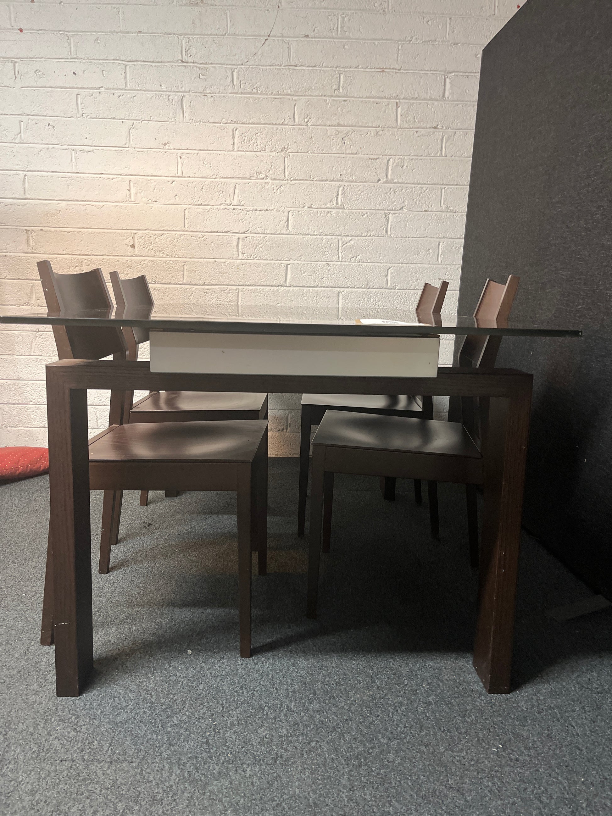 Large smoked glass rectangular dining table (W 160 x D 90 cm) wth 4 no. dark wood stained chairs 3225