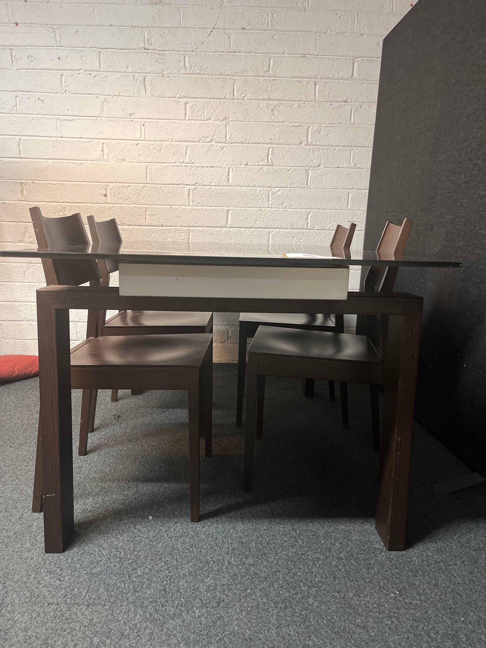 Large smoked glass rectangular dining table (W 160 x D 90 cm) wth 4 no. dark wood stained chairs 3225