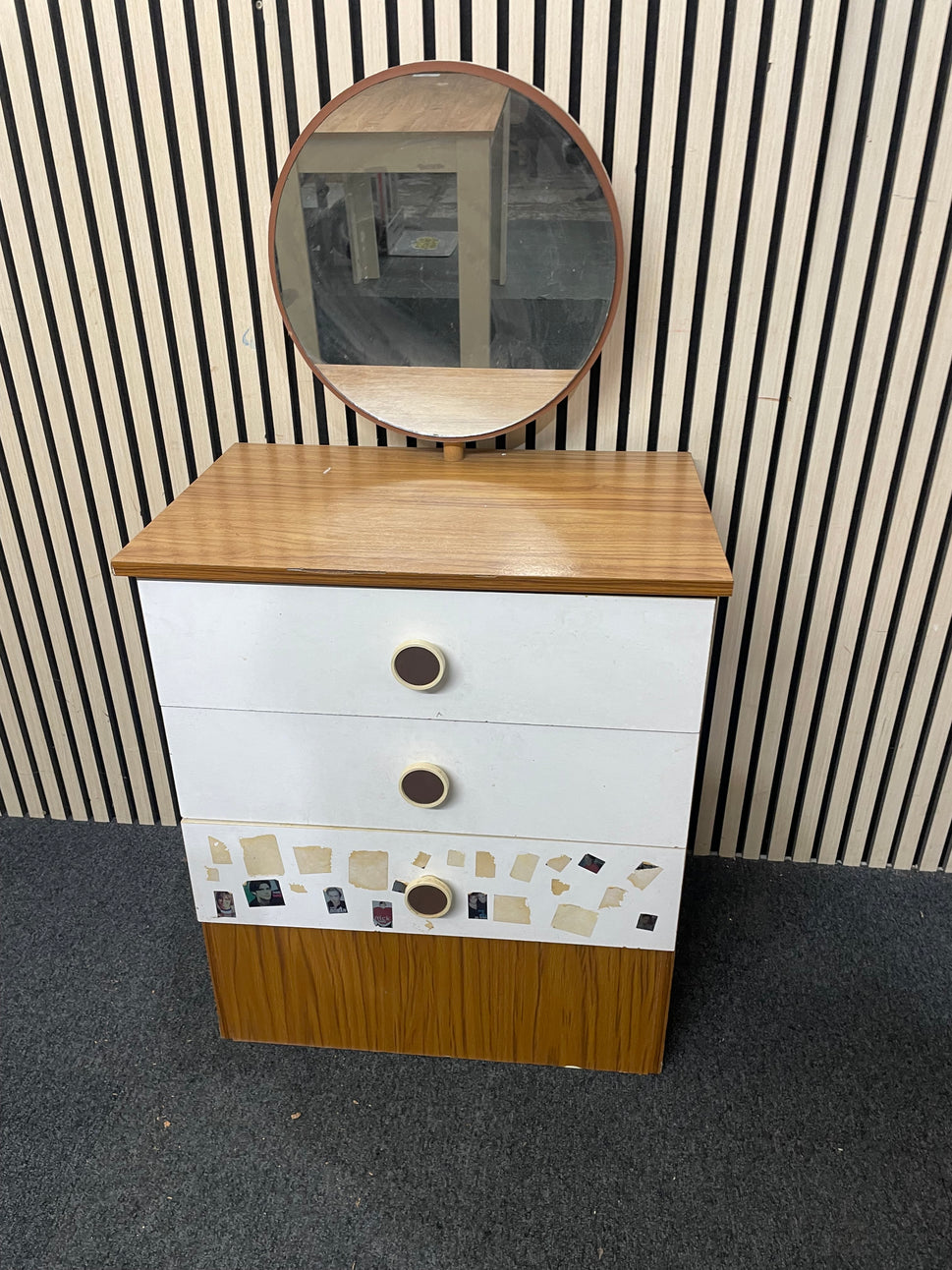 Teak and white laminate small 3 drawer chest with mirror 2425