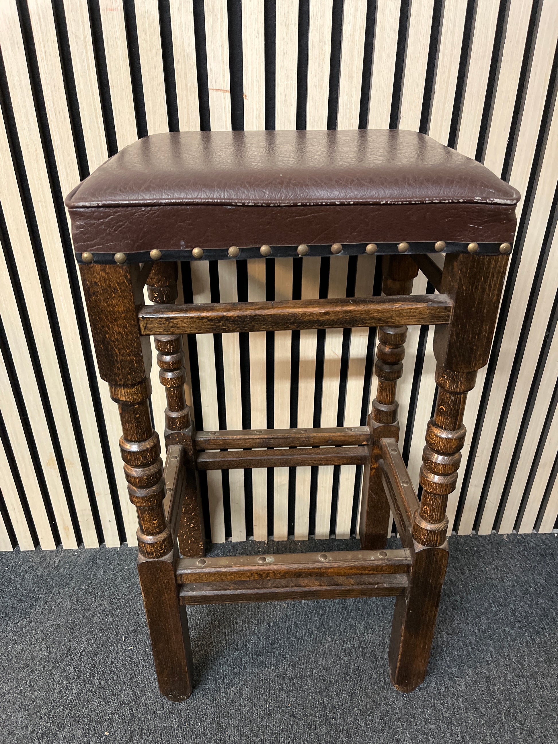 Tall solid wood bar stool with brown leatherette seat top 2425