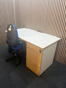 (GRADE A) White and Oak 1400 x 800 desk with push press pedestal + (Grade A) Blue fabric swivel chair bundle