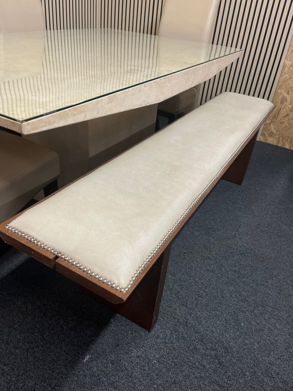 Cream Marble effect rectangular dining table(L 170 x W 100 cm with 4 no. high back cream leather dining chairs and a cream leather wooden framed long bench 2325