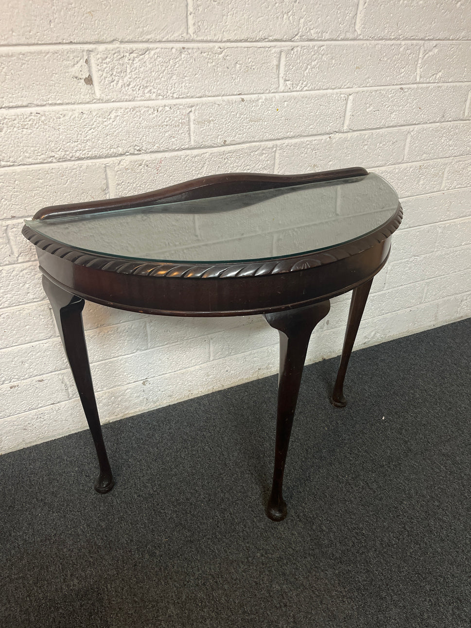 Mahogany half moon table with glass top 1325
