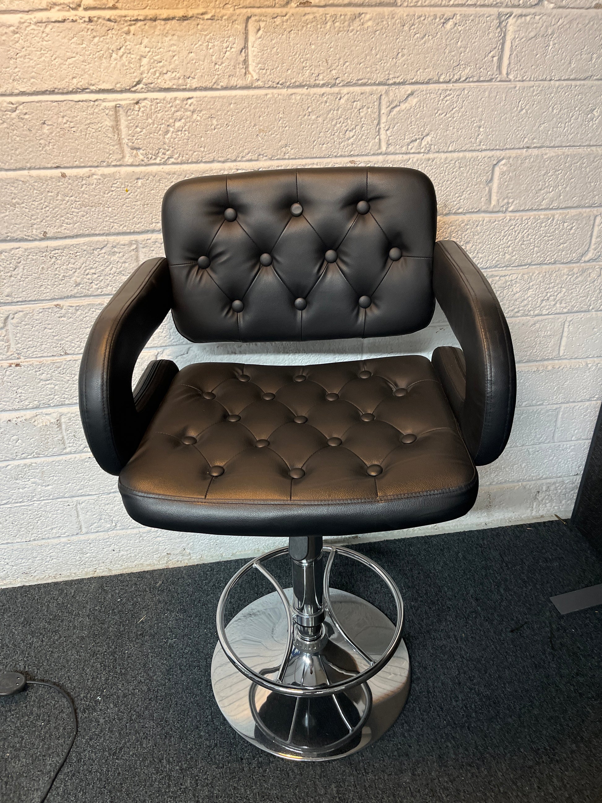 Tall black pu leatherette button back swivel bar stool, chrome frame, height adjustable