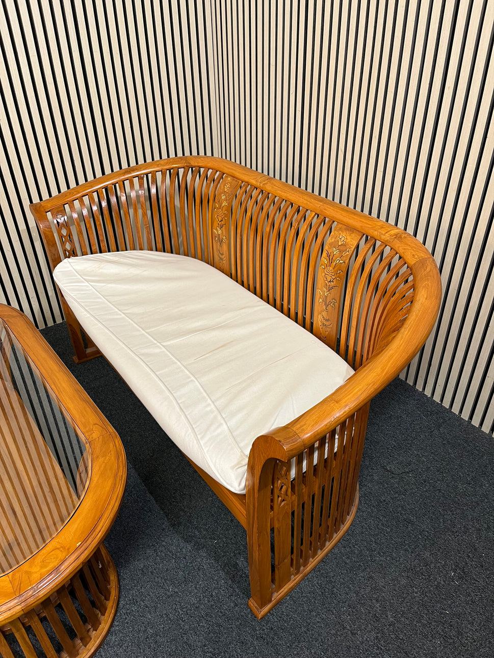 Indonesian solid teak conservatory set 2+2+1+coffee table with white fabric cushions 1126