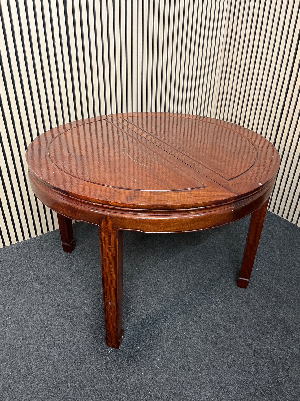 Dark stained hardwood circular 4 legged dining table (113 cm diameter) 3325