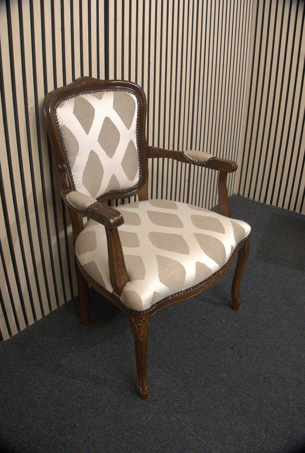 Solid mahogany Limogue chair with cream fabric pattern and stud details 44340