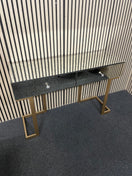 Mirrored glass with distressed detail 2 drawer console table with gold painted legs 120Lx40Dx80H 44448