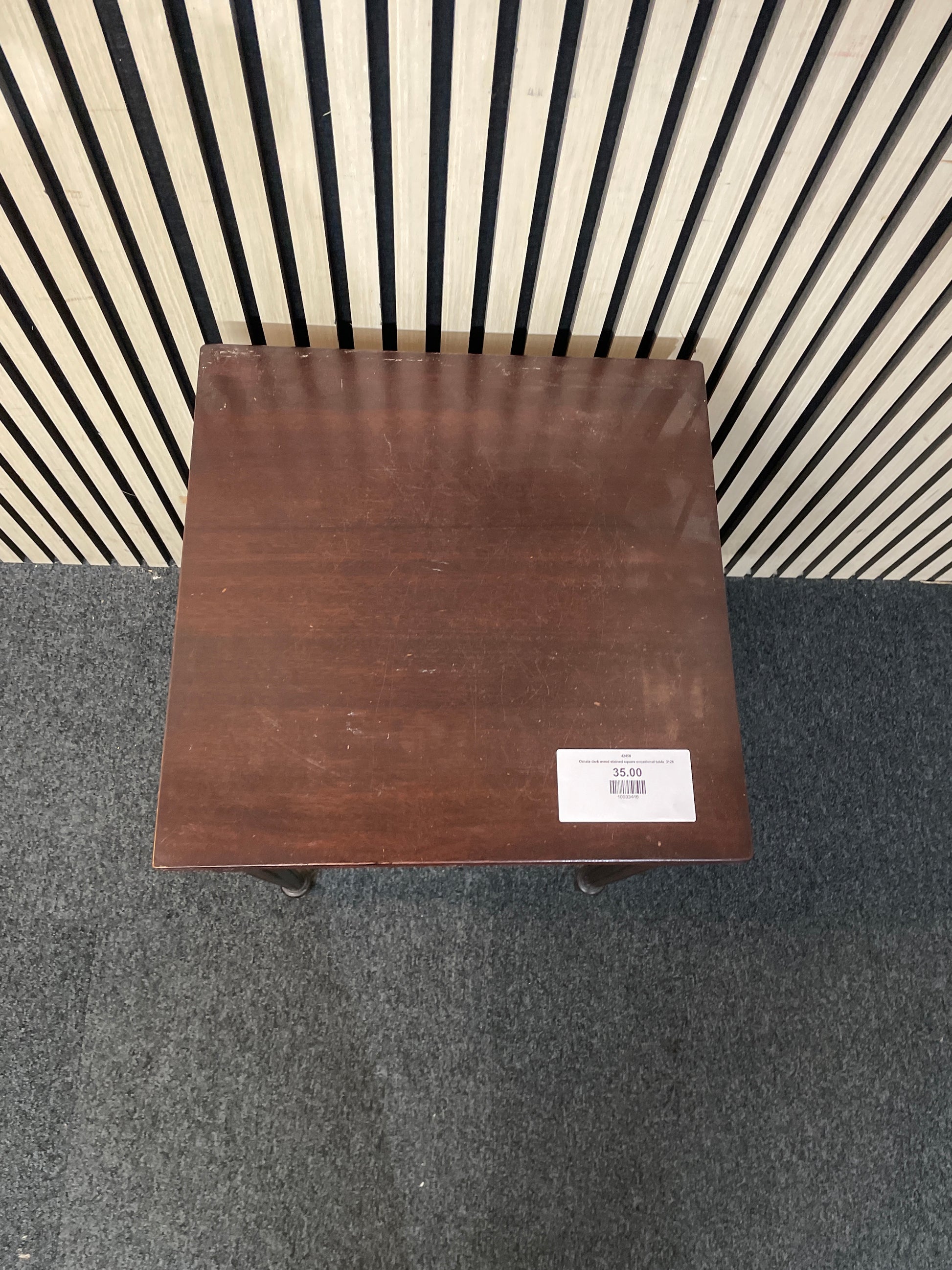 Ornate dark wood stained square occasional table 3126