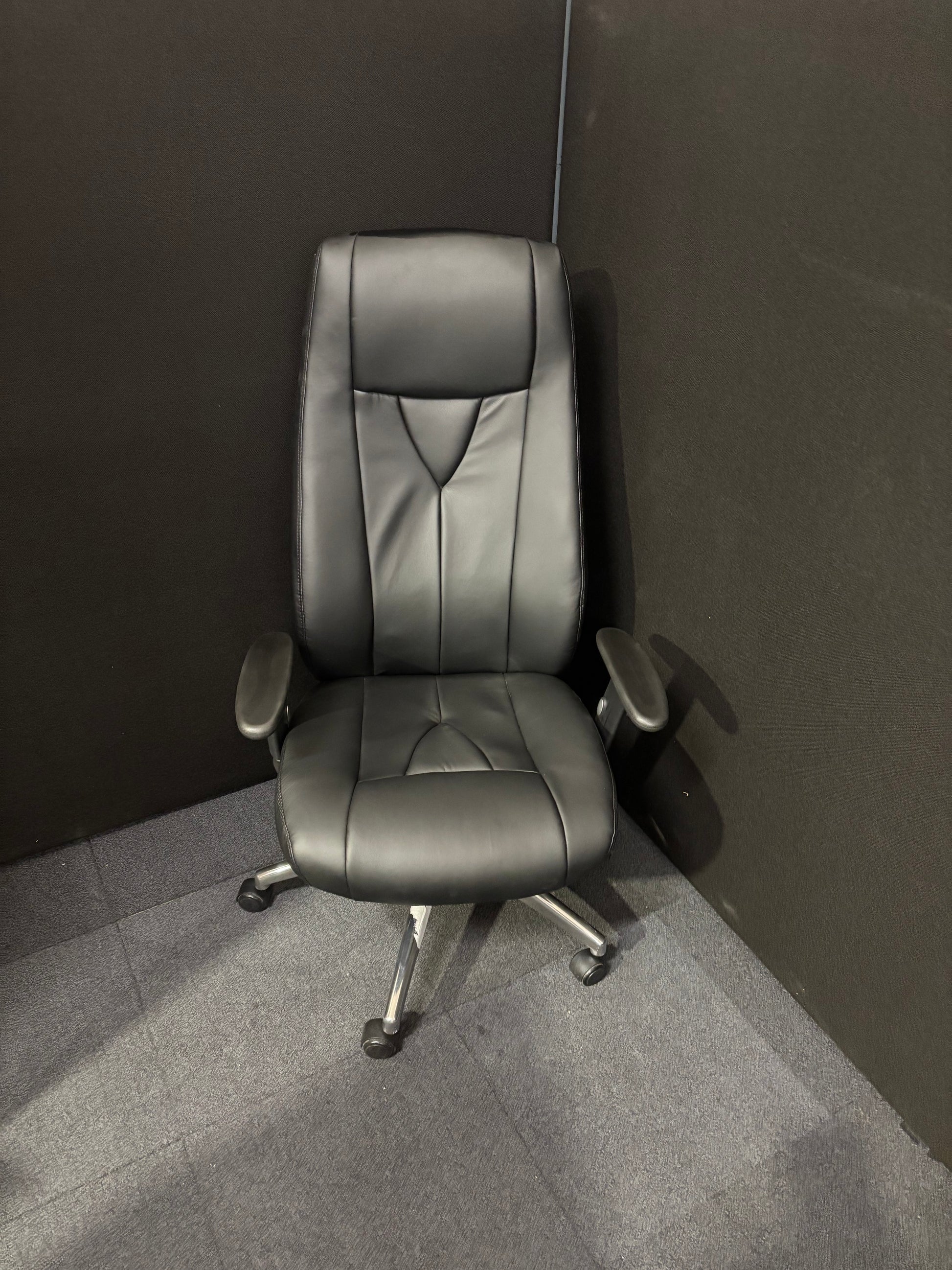 Odessa liquidated high back executive chair - black faux leather, polished metal base, height adjustable arms, price inc vat