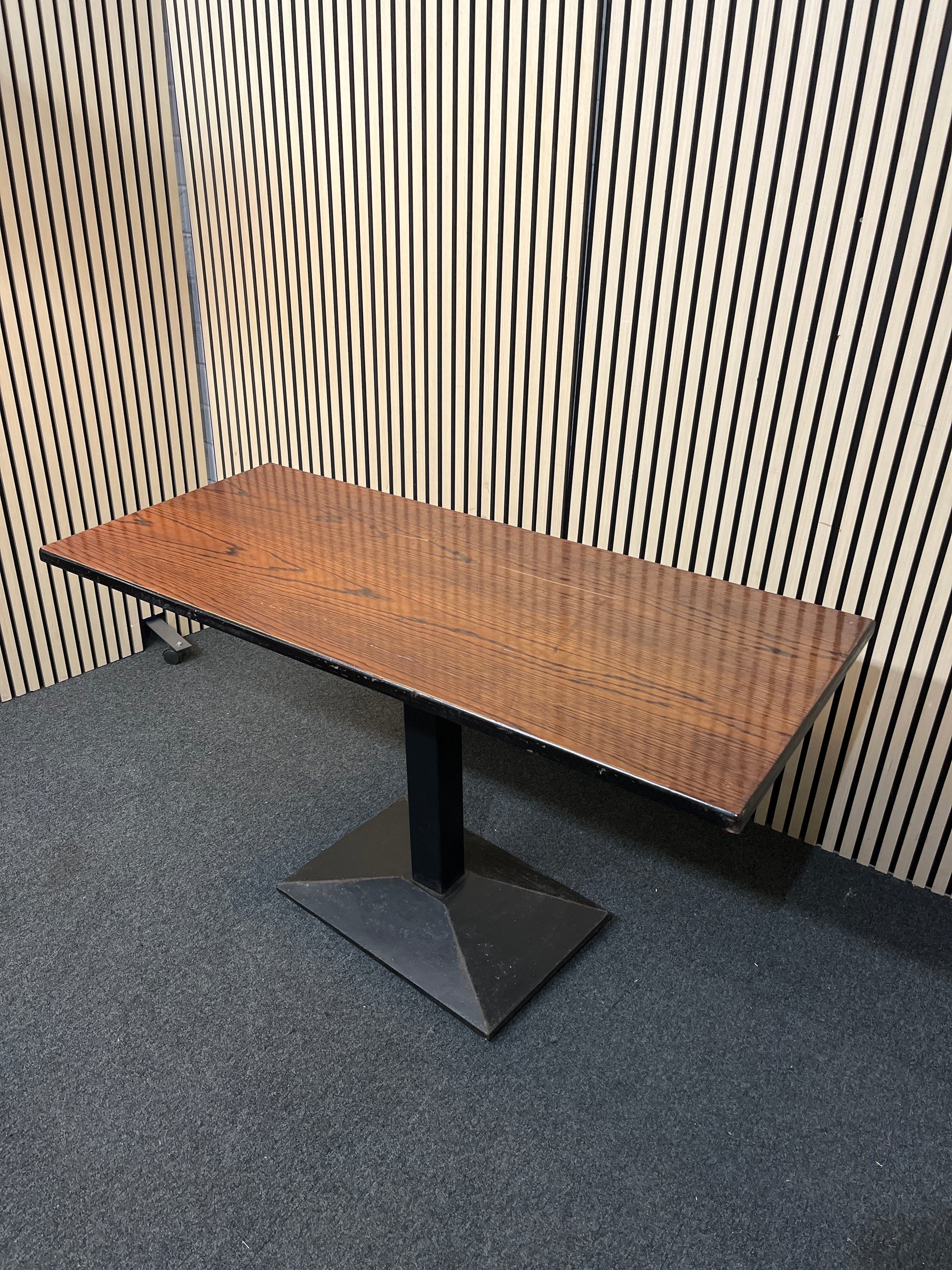 Rectangular low dark wood stained bar tables with powder coated black metal central column base 77Hx138Wx61D 1425