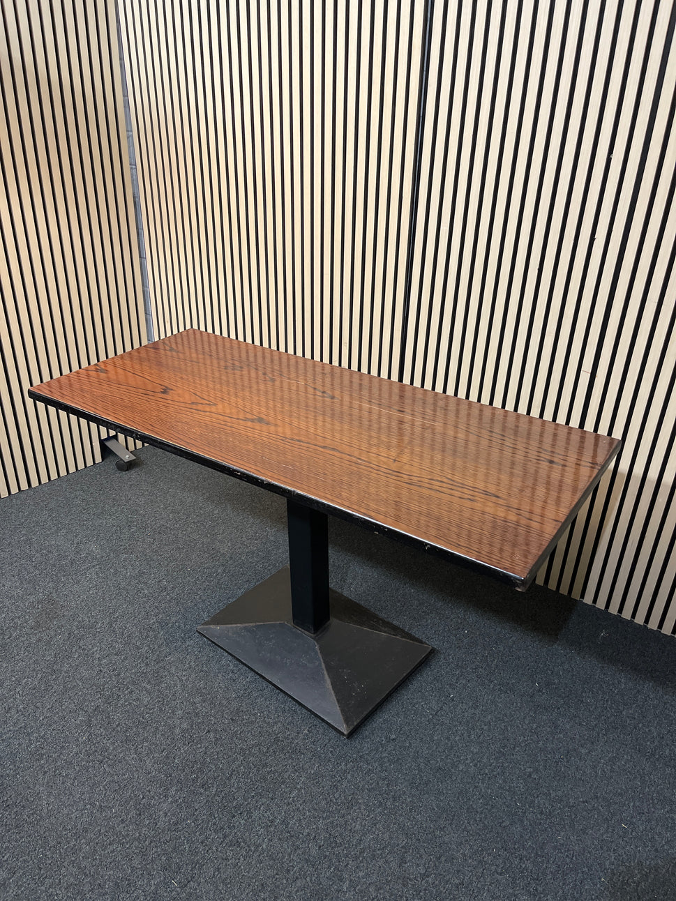 Rectangular low dark wood stained bar tables with powder coated black metal central column base 77Hx138Wx61D 1425