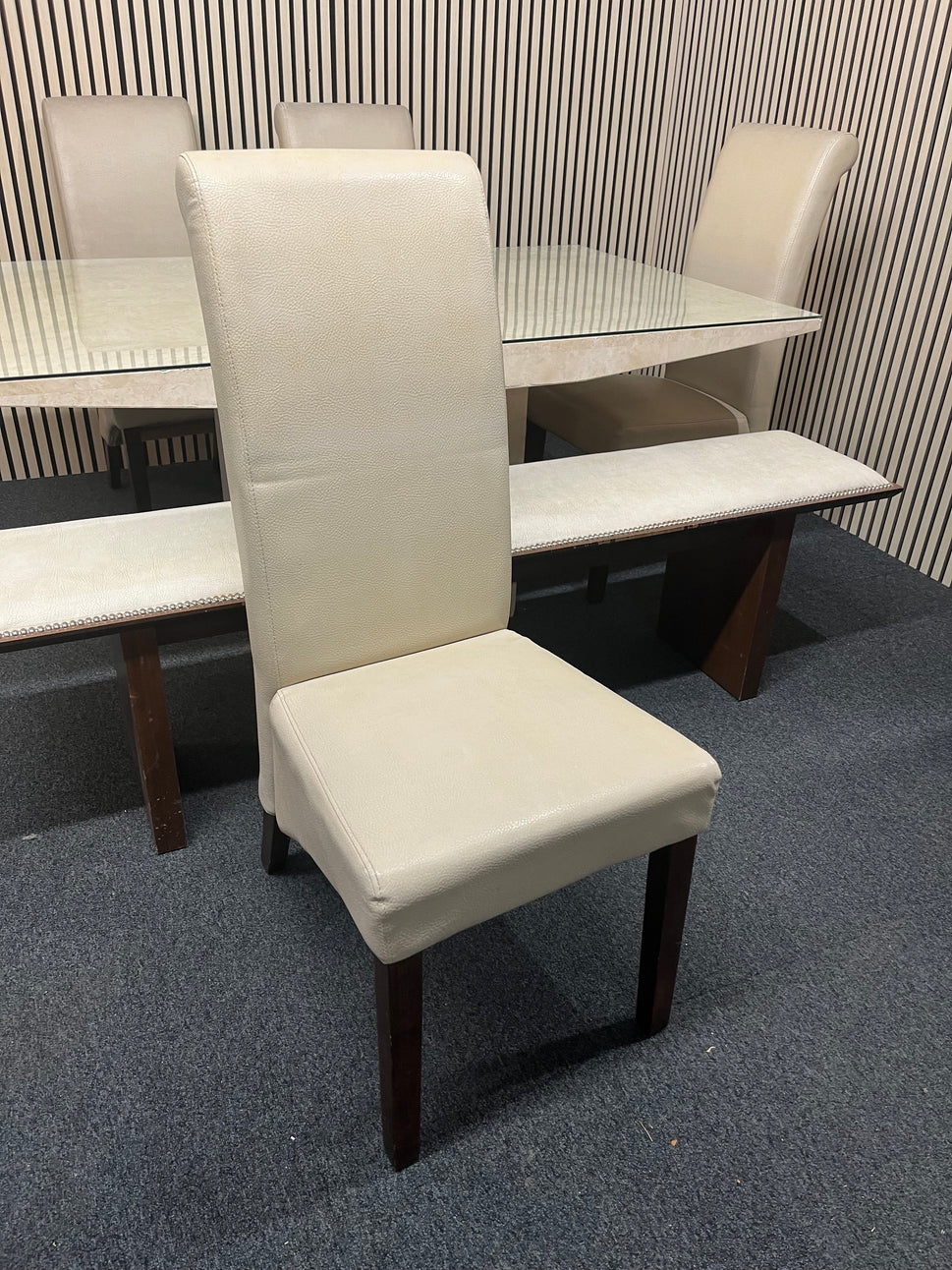 Cream Marble effect rectangular dining table(L 170 x W 100 cm with 4 no. high back cream leather dining chairs and a cream leather wooden framed long bench 2325