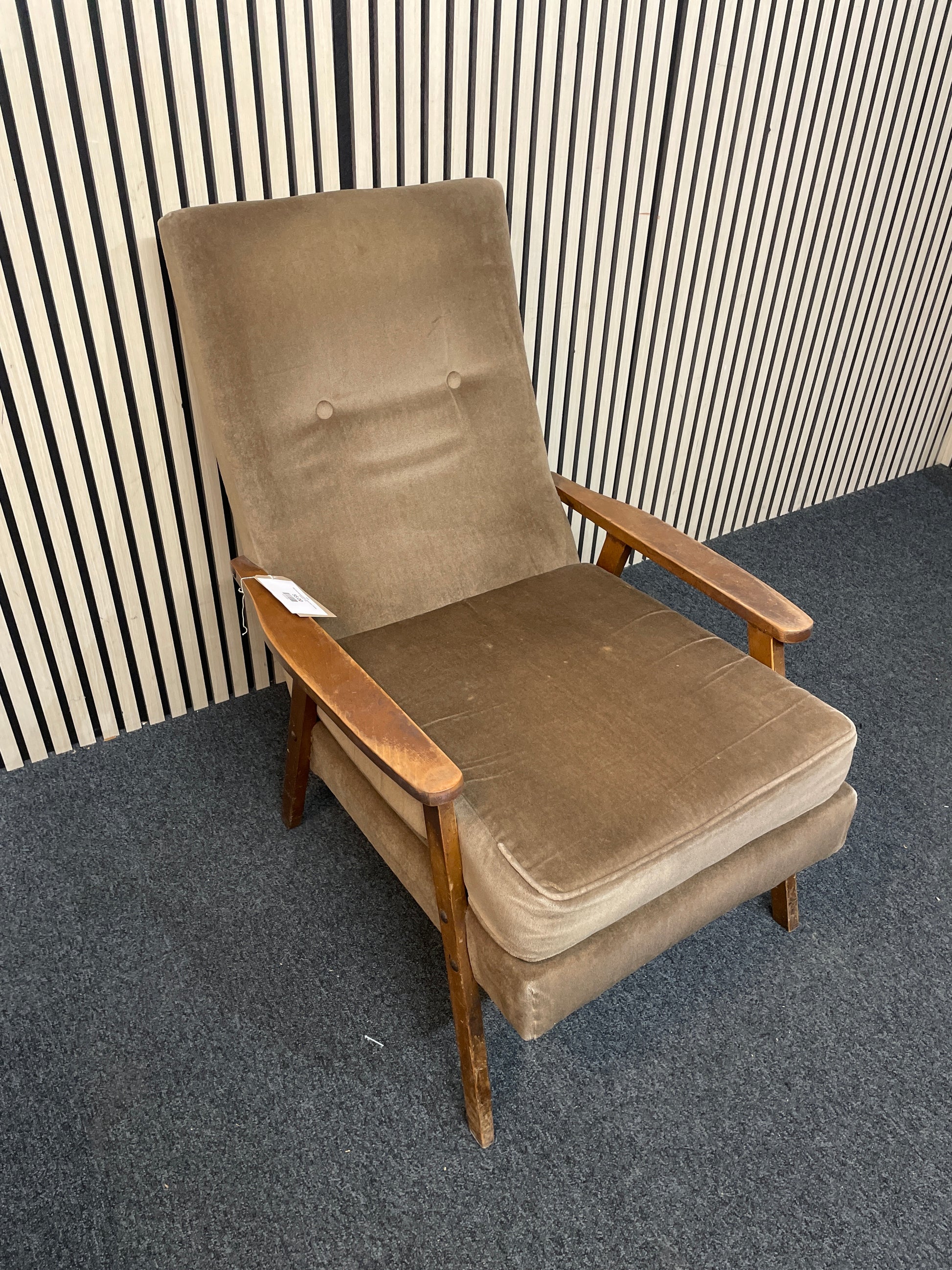 High back solid wood frame, brown fabric Fireside Armchair 1126