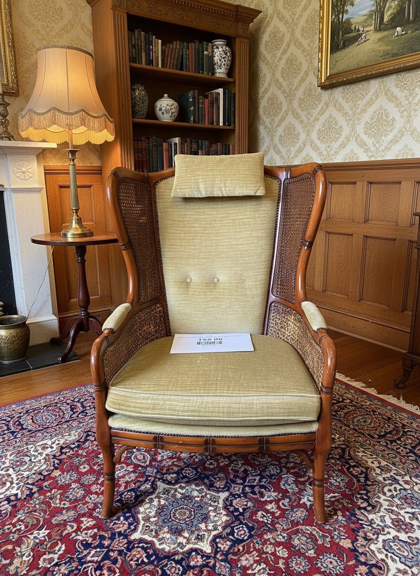 Solid wood rattan back, olive green cushion armchairs