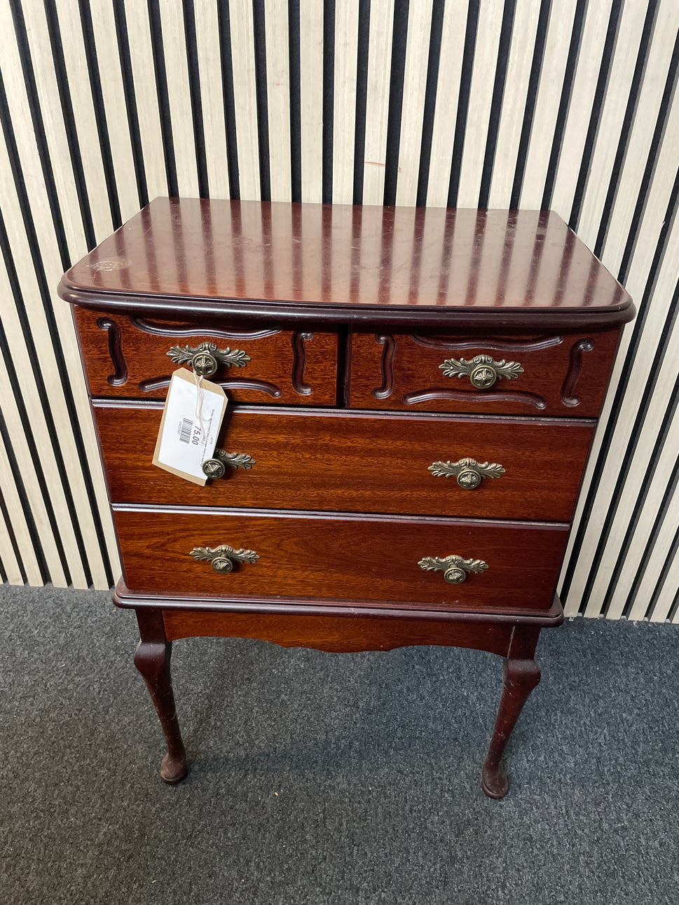 Ornate curved front 2 door 2 drawer chest on stem legs 2425