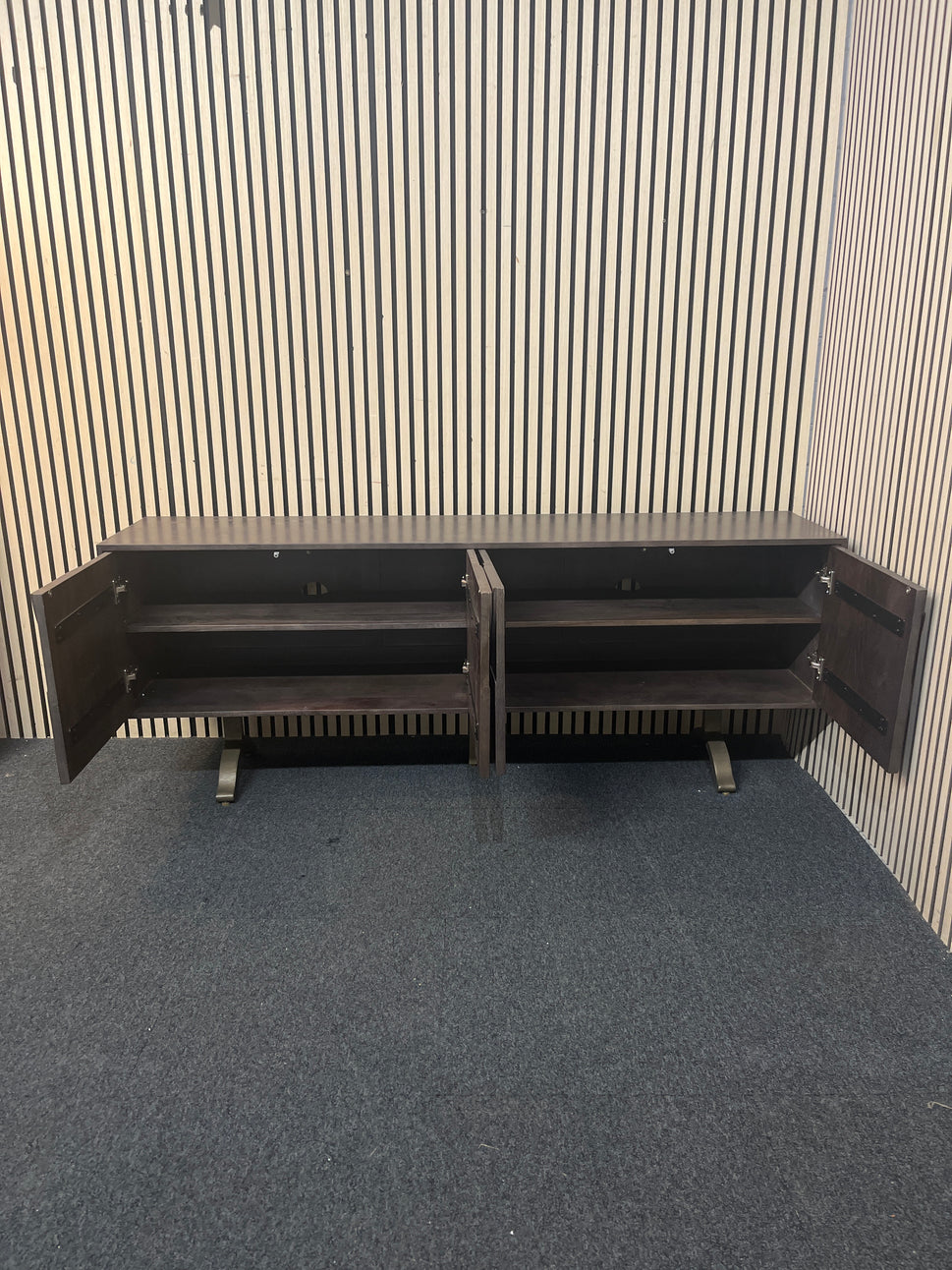 Solid dark teak stained low ornate 4 door sideboard 180Lx40Dx70H 43534